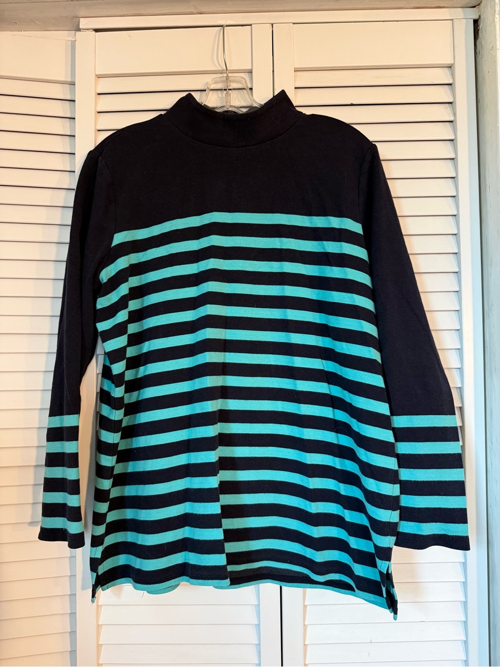 Talbots Woman Navy Aqua Striped Mock Neck Tunic Top Back Zip Side Slits Plus 1X